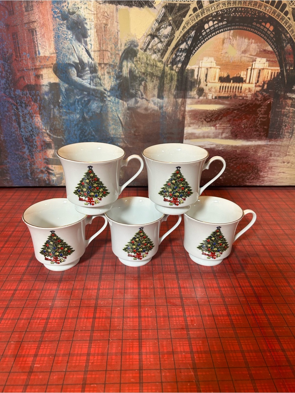 Set Of 5 SEA GULL CHRISTMAS TREE CUPS  Gold Rim China Dinnerware Holiday